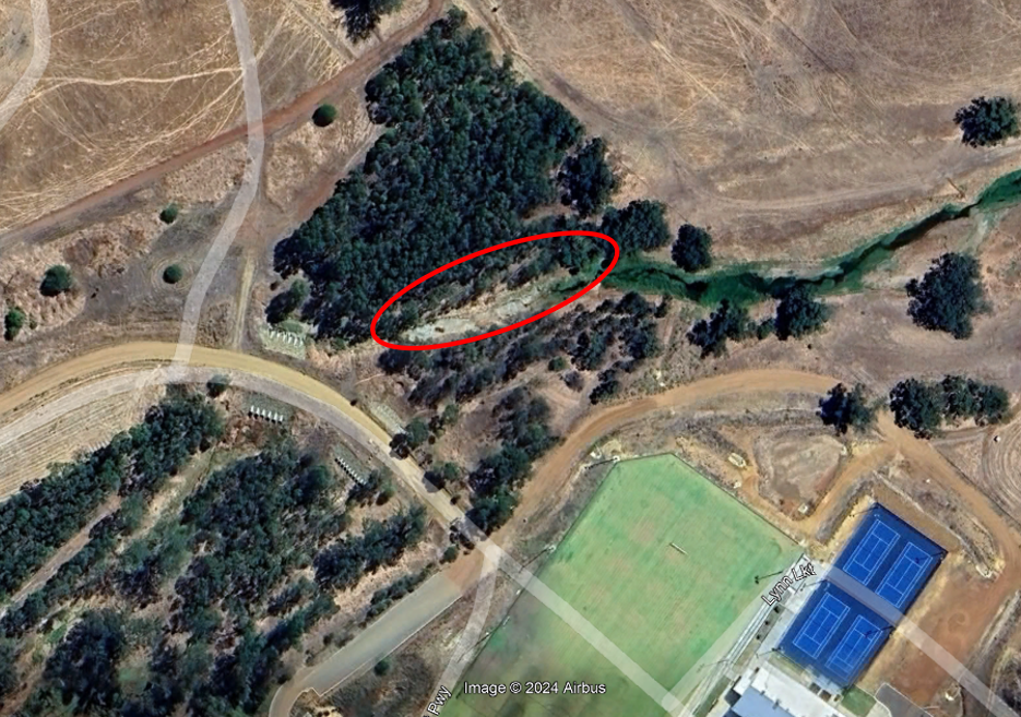 A aerial map showing the area of revegetation, Love Grass control and Rehab work at the Boyagerring Brook bank location.